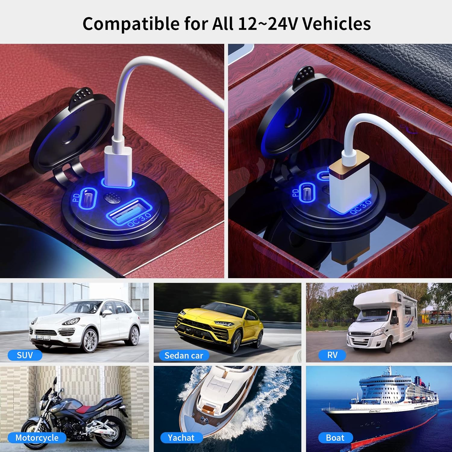 12V USB Outlet Quick Charge 3.0 USB Charger