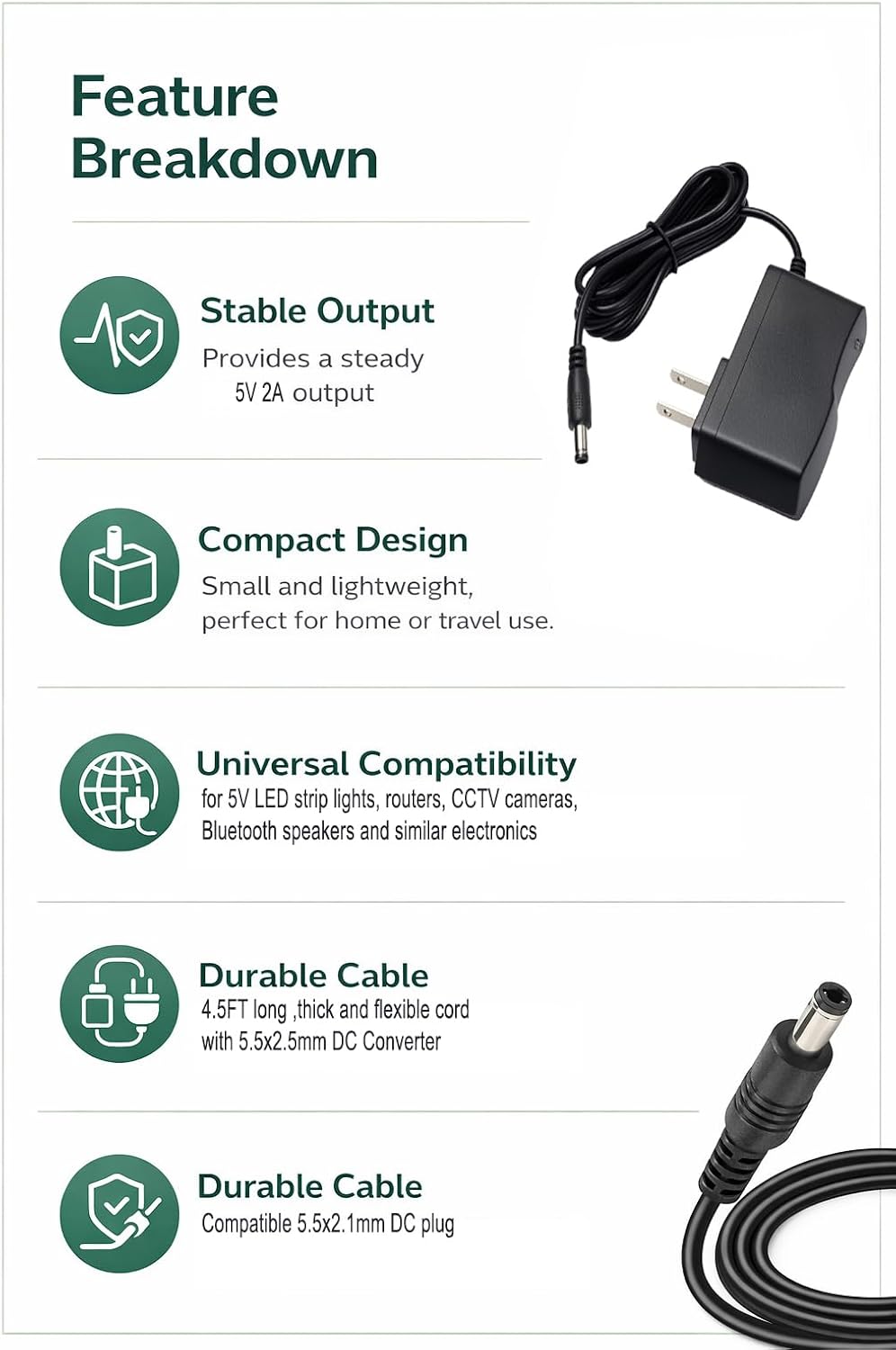 5V DC Power Supply 2A Wall AC Adapter