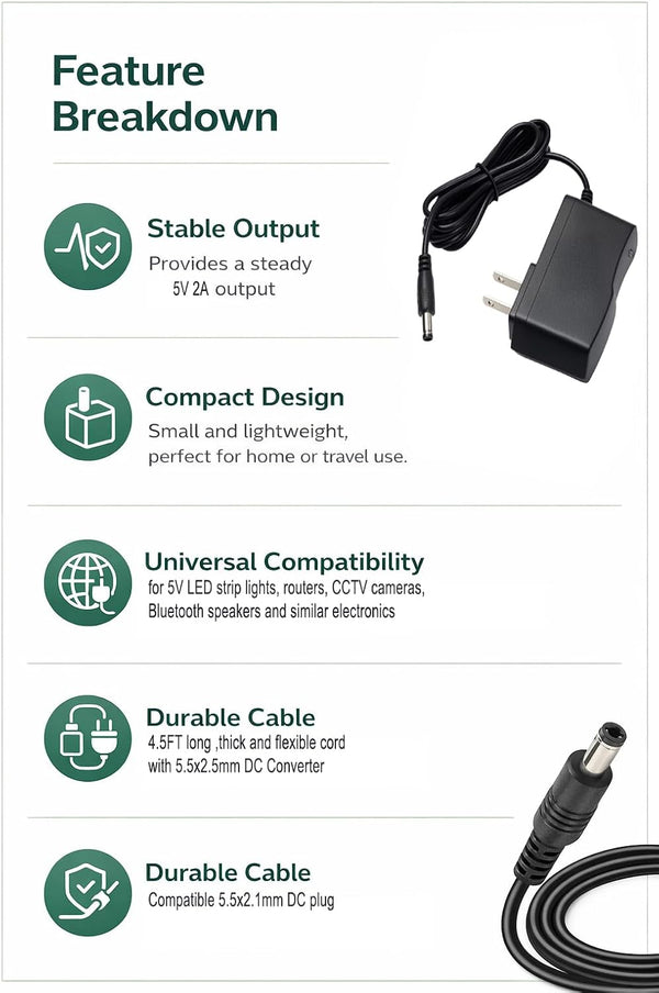 5V DC Power Supply 2A Wall AC Adapter