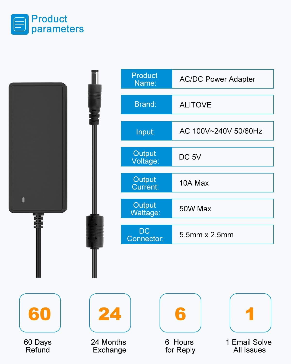 5V 10A 50W DC Power Adapter 5.5×2.5mm