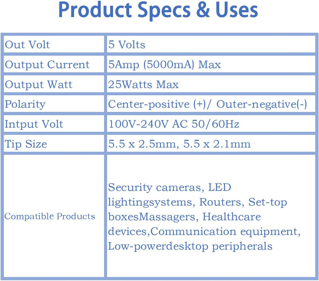 5V 5A 25W DC Power Adapter 5.5×2.5mm
