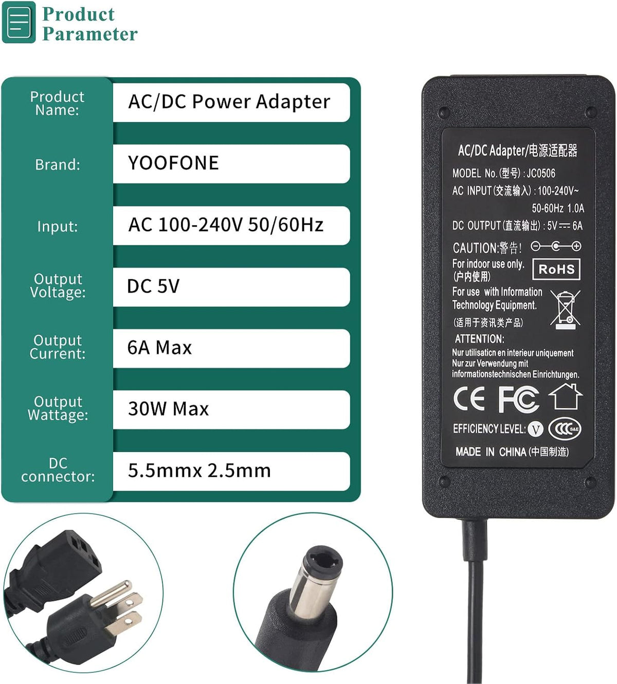 5V 6A 30W DC Power Adapter with Interchangeable Tips